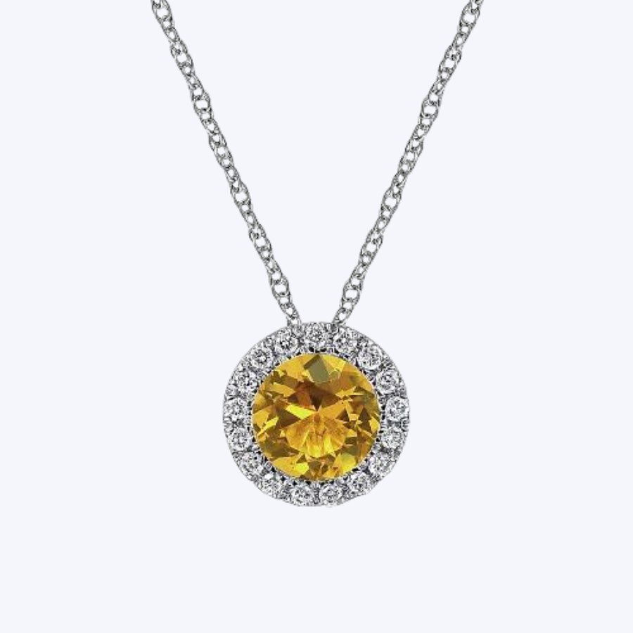 Citrine and Diamond Halo Pendant Necklace