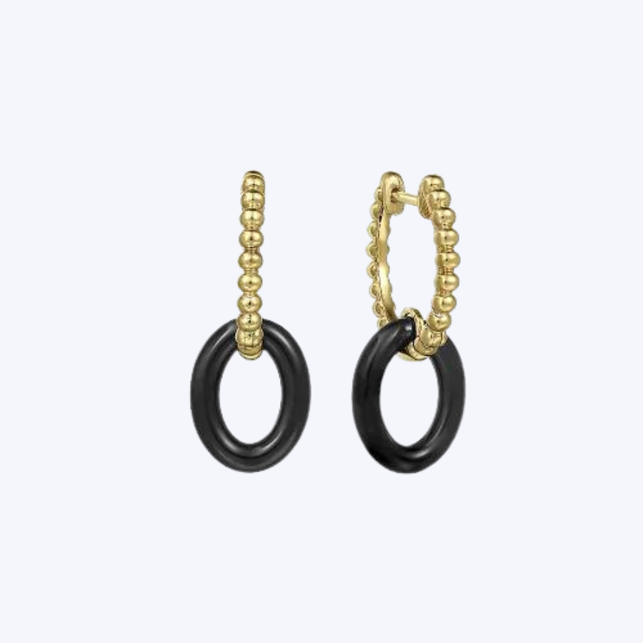 Black Oval Ceramic Huggie Drop Earrings