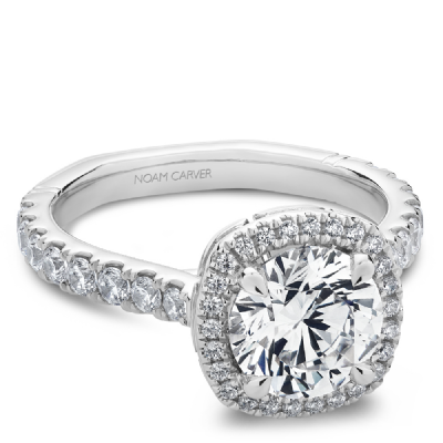 Claw Prong Cushion Halo Diamond Accented Engagement Ring