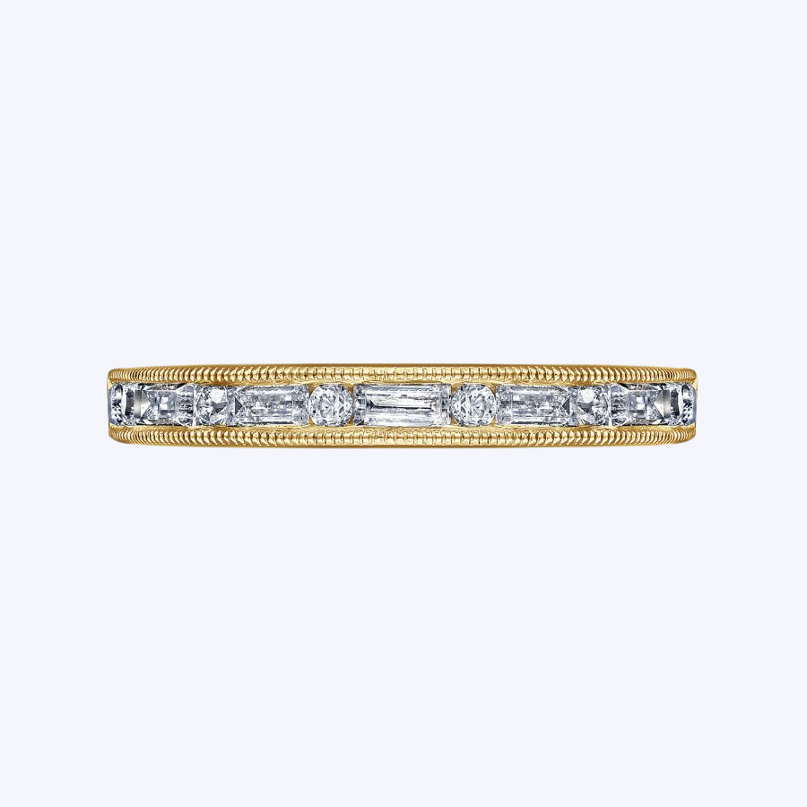 Alternating Baguette & Round Diamond Channel Milgrain Edged Band