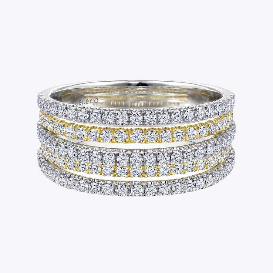 Yellow-White Gold Layered Wide Band Diamond Ring