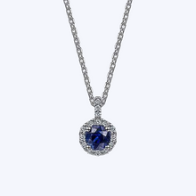 Load image into Gallery viewer, Round Sapphire &amp; Diamond Halo Pendant Necklace
