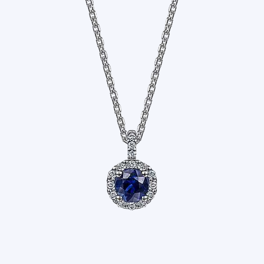 Round Sapphire & Diamond Halo Pendant Necklace